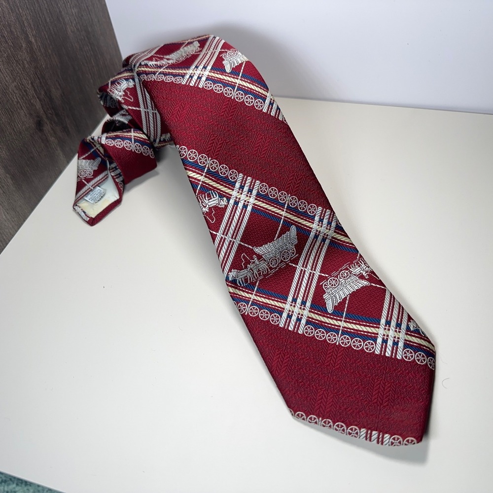 VTG‎ Montgomery Ward Tie Burgundy Plaid Horse Carriage Hermes Style